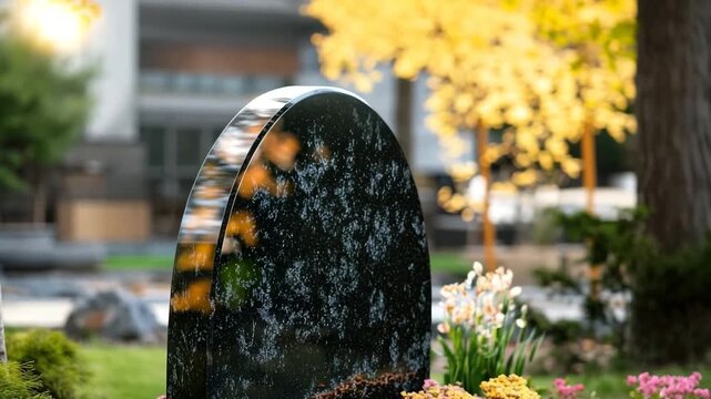 Blank black granite memorial stone standing on a green lawn surrounded by colorful flowers