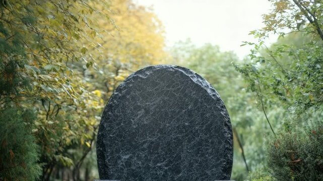 Black marble headstone without inscriptions standing in a park among trees and stones