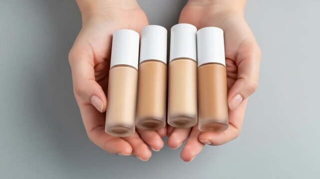 A pair of hands holding four bottles of liquid foundation makeup