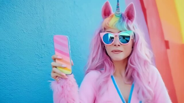 Stylish happy woman in a colorful unicorn costume taking a selfie against a vibrant background