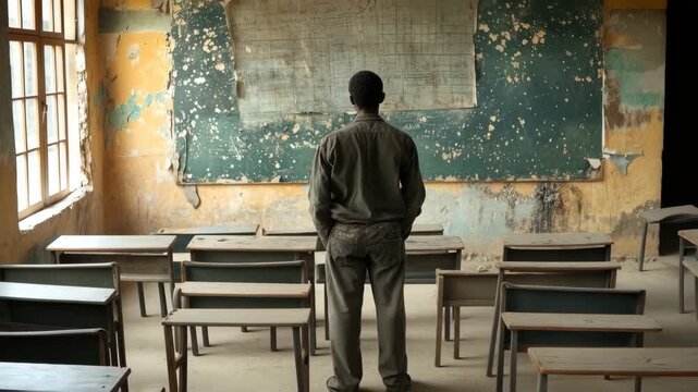 Young man standing in a derelict schoolroom and staring at a decaying blackboard
