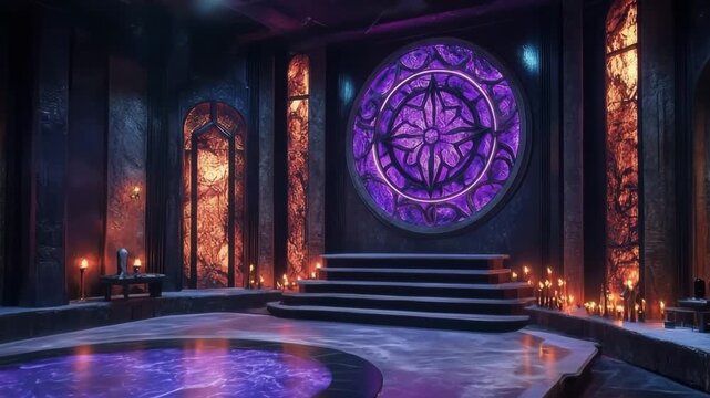 Dark fantasy sanctuary interior featuring a magic pool and glowing purple stained glass window