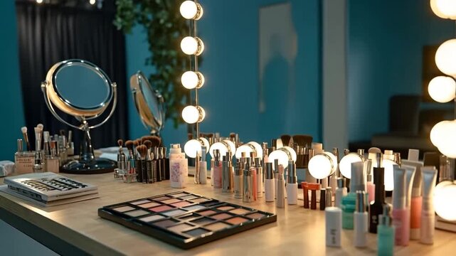Professional dressing room table with a mirror, makeup products, and bright vanity lights