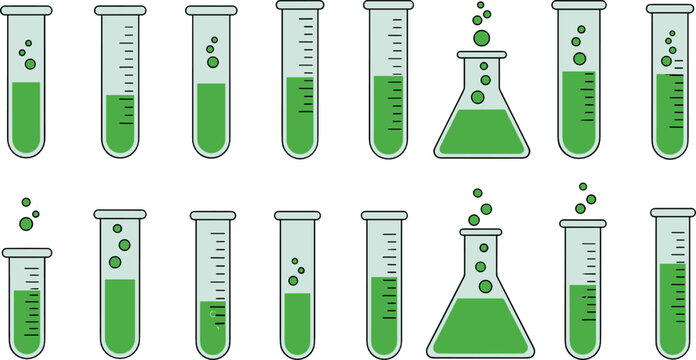 Laboratory test tube and flask icon set flat vector collection of chemistry experiment glassware isolated on light background