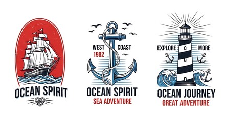 Set of nautical themed emblems featuring sailing ship, anchor, lighthouse, and text