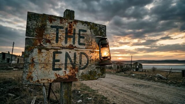 A post apocalyptic landscape features a weathered sign that reads The End against a dramatic sunset sky Ruined structures hint at a civilization lost