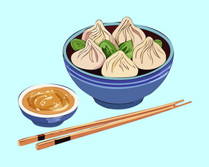 Blue takeout box of ramen noodles with egg and many chopsticks served on a bamboo mat Vector Illustration