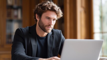 Male student browsing a laptop in a university library, representing modern education, online research, and campus life