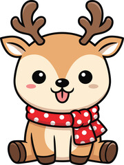 Cute cartoon baby deer wearing a red polka dot scarf isolated on white background for Christmas and kids design.