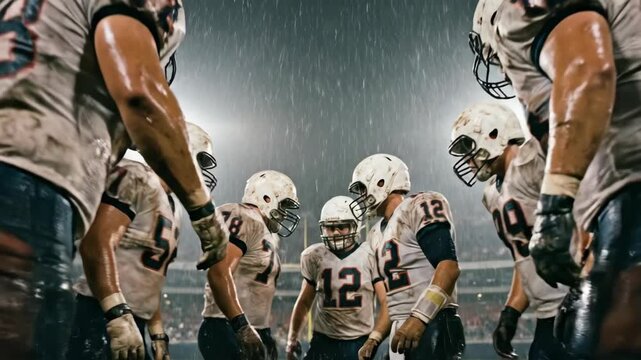 American football players in helmets point fingers in a huddle during a dramatic game under stadium lights