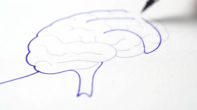 A hand draws a detailed human brain on white paper. This symbolizes intelligence, learning, and mental processes.