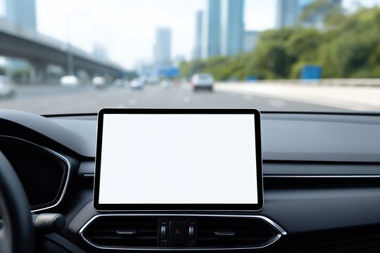 Multimedia display template in a car interior with a white blank screen for custom interface design