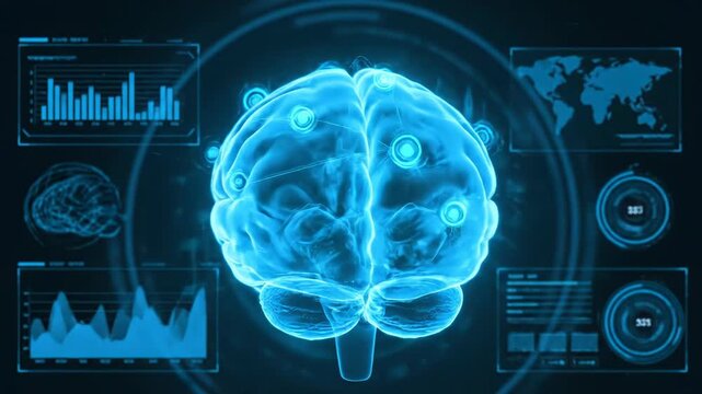 A glowing blue human brain rotates amidst futuristic digital interfaces. This represents advanced AI, neuroscience, and medical technology concepts.