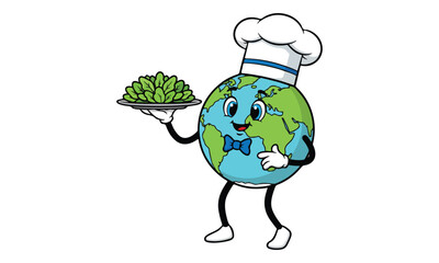 Earth Planet Chef Character Serving Fresh Green Vegetables © Angela