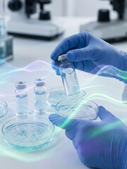 Fototapeta premium Gloved hands holding laboratory vial above petri dish with scientific equipment on table and soft abstract light waves in modern lab setting