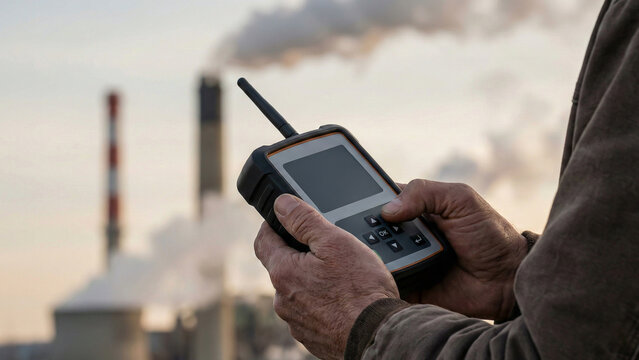 Close-up of hands holding industrial air quality measuring device near factory chimneys with smoke in the background during outdoor inspection