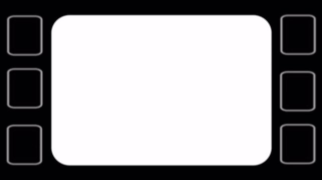Vintage cinema film strip frame border with sprocket holes on black background and overlay