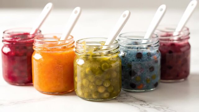Colorful jars of homemade baby food line a bright marble counter. Each jar holds a different pureed fruit or vegetable with a spoon.