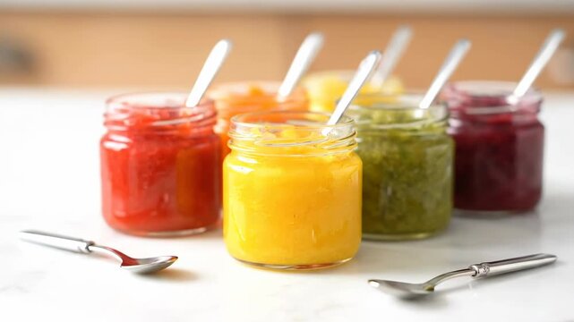 Colorful jars of baby food are arranged on a white marble surface. Small spoons are placed beside the vibrant purees, ready for tasting.