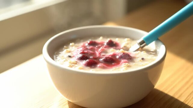 Hot oatmeal with red berries and a blue spoon sits on a wooden table. Sunlight streams onto this warm, healthy, and comforting breakfast.