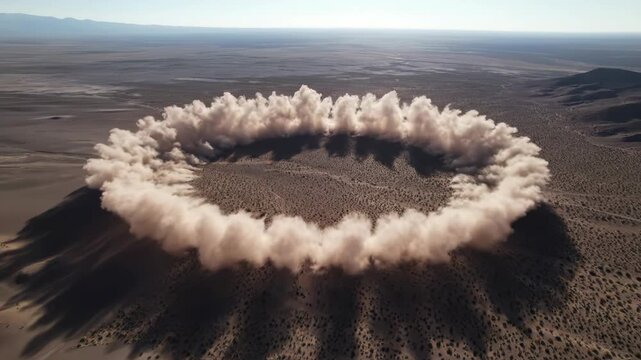 A massive dust ring expands across a vast desert landscape. This powerful explosion creates a dramatic and unique visual.