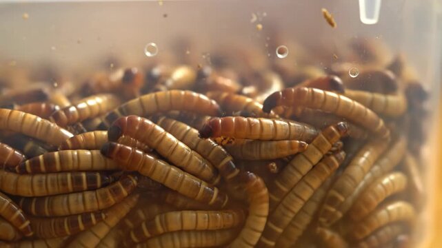 Numerous mealworms actively crawl and wriggle inside a clear container. These live larvae are a common food source for various pets.
