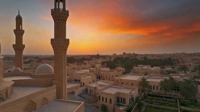 Aerial view of a Middle Eastern city at sunset with a mosque tower and buildings in the foreground and a vibrant orange sky in the background, possibly used for travel or cultural presentations