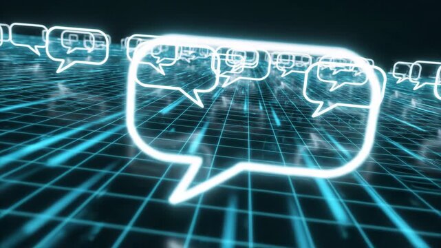 Glowing speech bubbles rise across digital grid network backdrop concept for communications technology,social media messaging,and modern data exchange