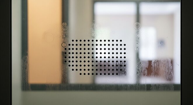 A view through a perforated glass partition in a prison visiting room, showing a blurred interior background and handprints on the glass