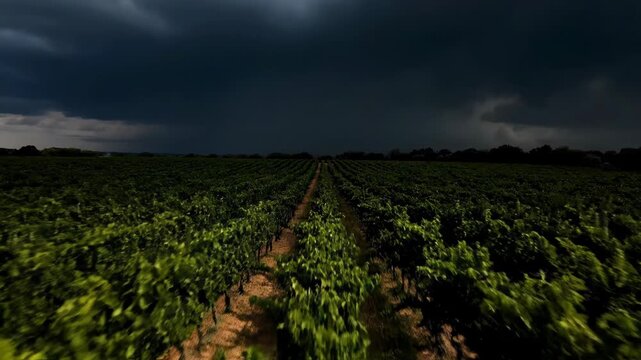 Dark storm clouds gather over a lush green vineyard. The dramatic scene hints at an impending powerful storm.