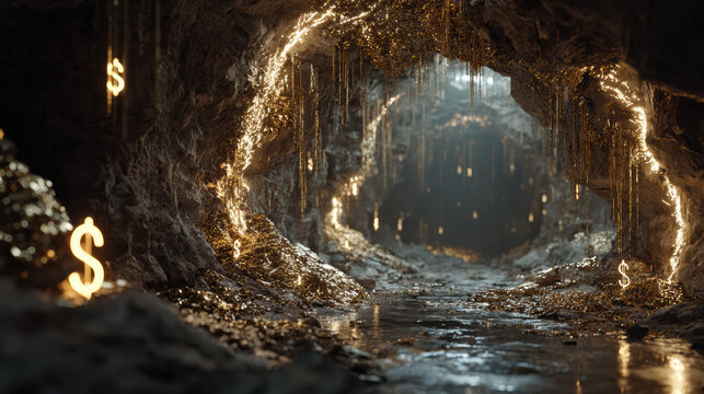 Underground tunnel with glowing gold veins and price tags, mining, hidden value beneath earth 