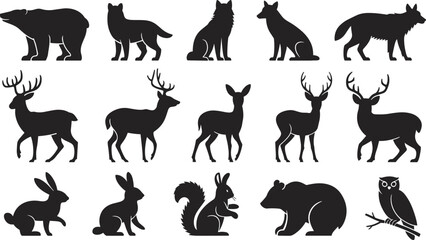 Obraz premium Black forest animal silhouettes including bear, wolf, deer, rabbit, squirrel, and owl, perfect for wildlife artwork and design