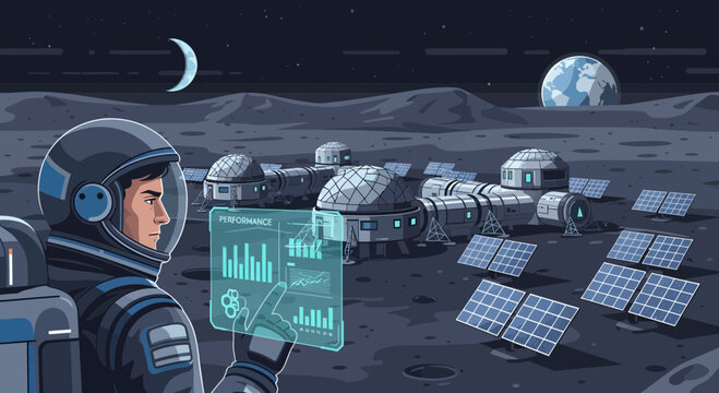 Astronaut analyzing data on a futuristic transparent screen in a space suit.