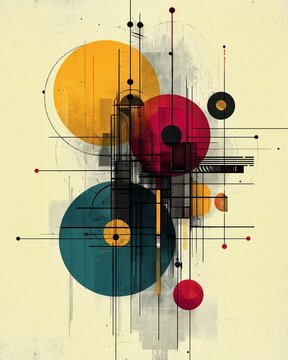 Abstract geometric composition featuring colorful circles and intersecting architectural lines in vintage Bauhaus style.

