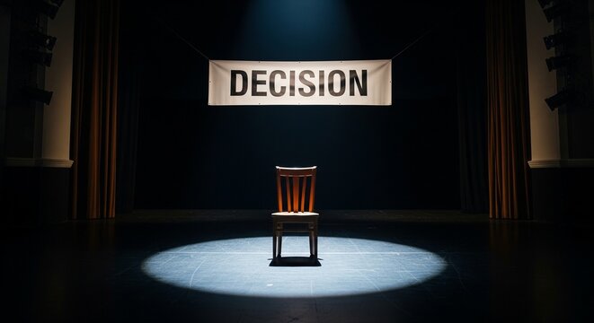 A single wooden chair on a dark stage illuminated by a spotlight, with a banner overhead reading "DECISION." Concept of choice, leadership, and responsibility
