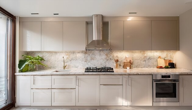 neutral colored kitchen with natural light marble tile backsplash marble countertops island modern cabinetry gas stove and stainless steel extractor fan front view mockup