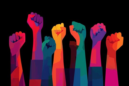 Colorful Uplifted Fists in Silhouette on Black Background, Symbolizing Unity and Strength