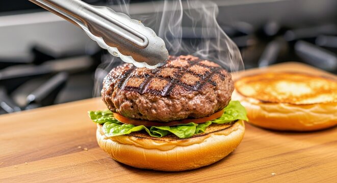 Dynamic Shami Burger Action Shot Patty Being Placed for Freshness