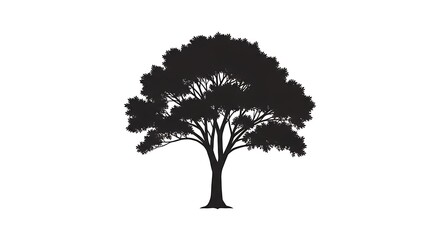 Silhouette of a large tree with dense foliage, against a stark white background