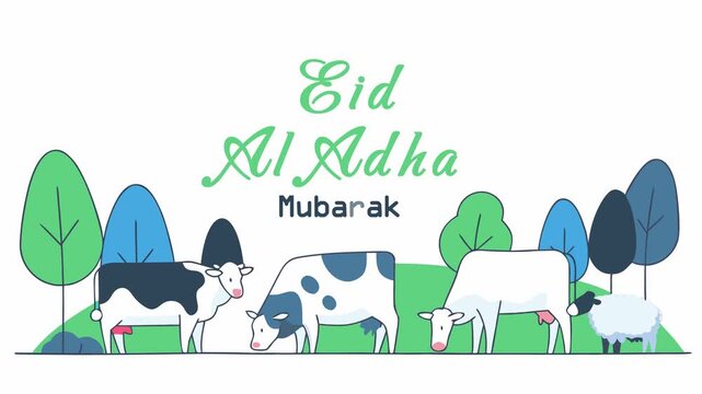 Eid Al Adha Mubarak celebration with cows, sheep, and trees
