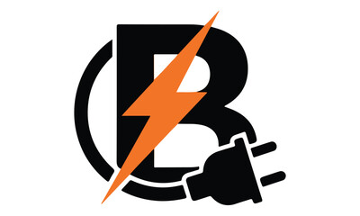 B Letter Logo with Orange Lightning Bolt and Black Electric Plug © Angela