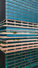 eco friendly green building with vertical garden and balcony with plants, glass skyscrapers and city harmony concept, futuristic sustainable architecture and urban nature balance