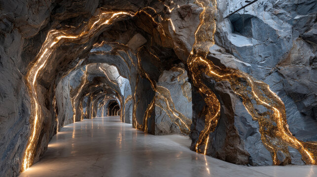 Underground tunnel with glowing gold veins and price tags, mining, hidden value beneath earth 