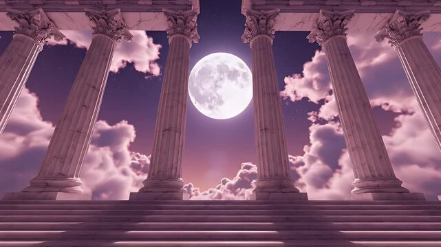 Moonlit Ancient Neoclassical Temple Corridor Framed by Tall Columns at Night