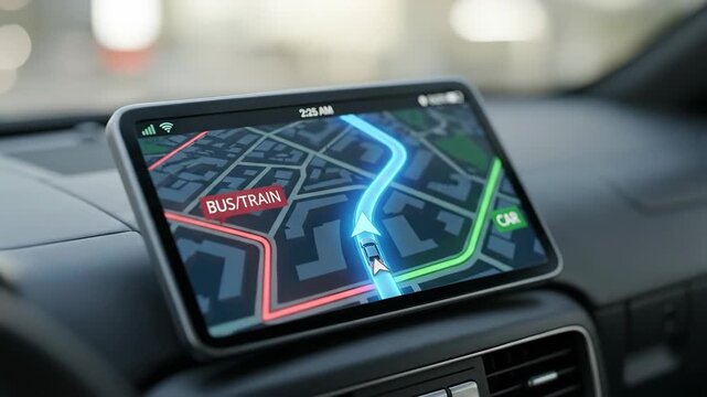 A car GPS navigation device displays a projected route on a metropolitan map Blue and green lines show the path forward red indicates a missed turn