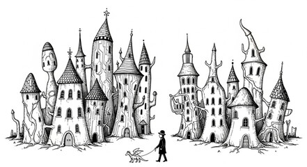 Fototapeta premium Whimsical cityscape featuring a person walking a dog, exploring architectural wonders.