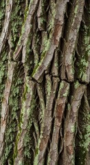 Obraz premium Deeply furrowed, textured exterior of mature tree bark covered in pale green lichen growth