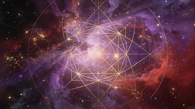 Cosmic Harmony And Sacred Geometry Abstract Nebula Background With Golden Geometric Shapes.