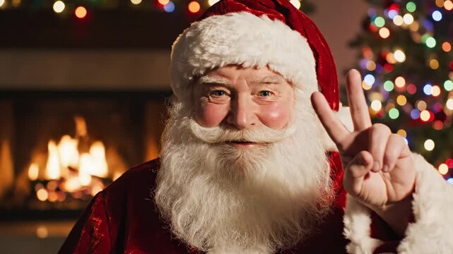 Santa Claus Giving Peace Sign in Festive Setting.