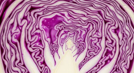 Obraz premium Cross section of a fresh purple vegetable displays intricate layered patterns with moisture droplets